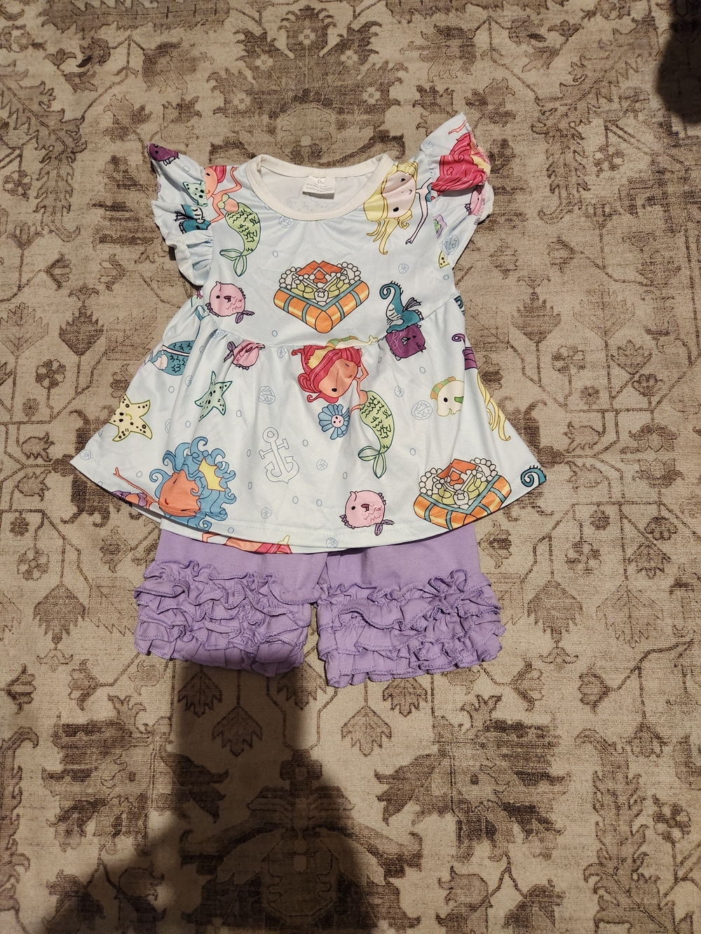 Mermaid Print Ruffle Sleeve Top with Lavender Ruffle Shorts